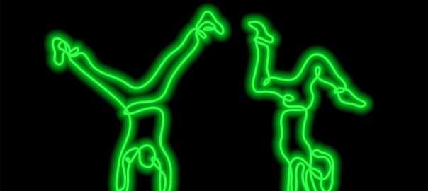 one line drawing of couple doing handstand with neon vector effect